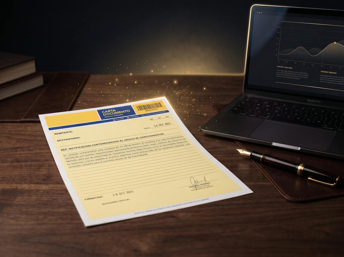 Carta documento completada con IA sobre un escritorio, junto a una notebook